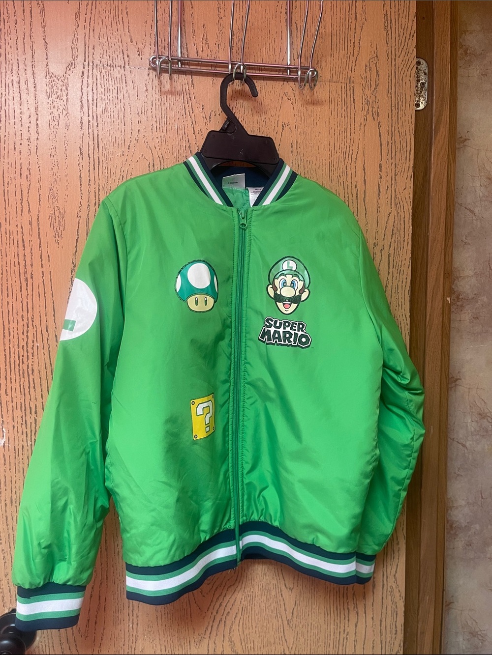 Super Mario Green Kids Bomber Jacket with Luigi & Mushroom Graphics